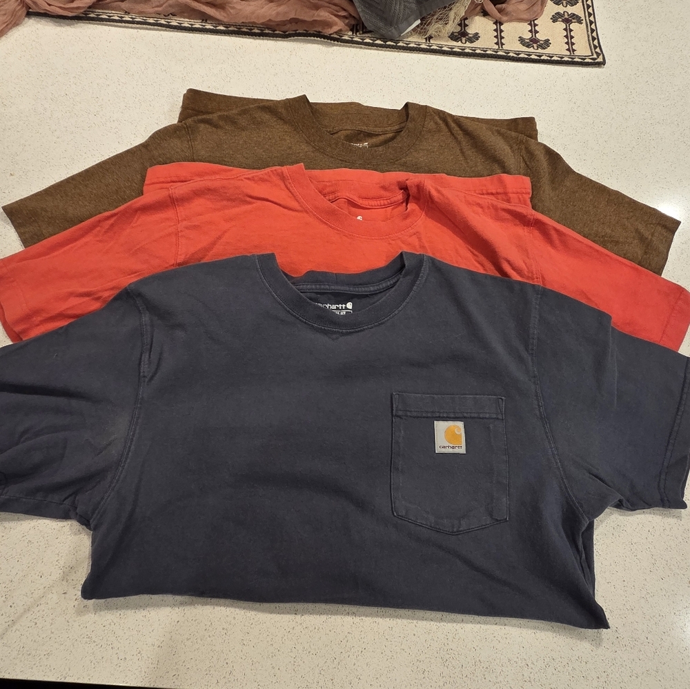 Carhartt T-Shirt Lot Of 3 in Dark Blue, Coral, and Heather Brown/gold